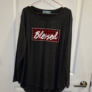 Southern Grace Charcoal Long Sleeve Top with Red Plaid Accent